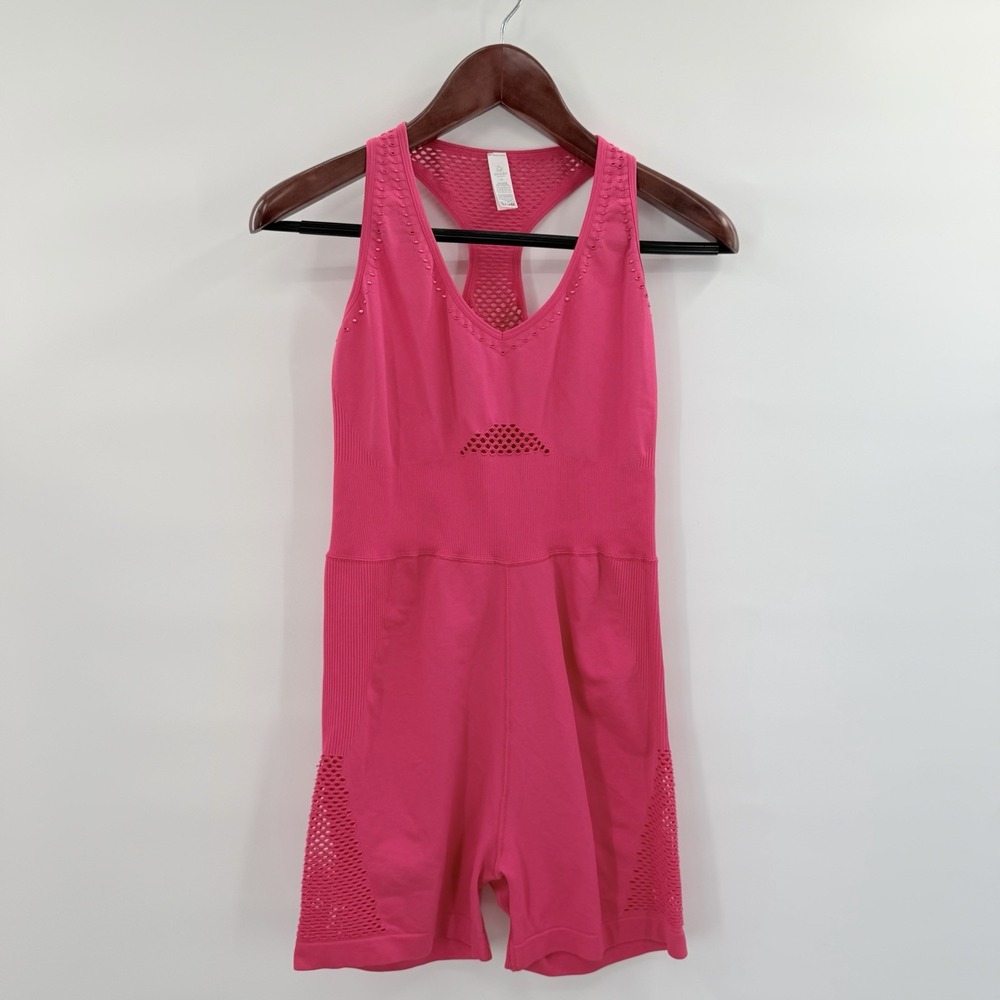 OFFLINE by Aerie Seamless Mesh Romper Pilates Balletcore Biker Short Hot Pink L